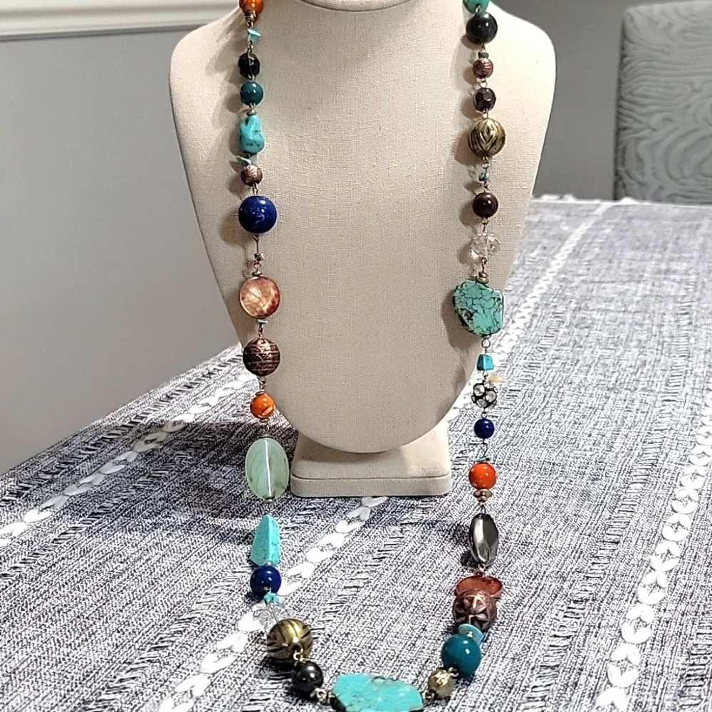 Bohemian Turquiose Multicolor Beaded Gemstone Necklace 38" - Picture 2 of 2